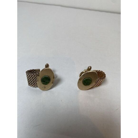 Other - Vintage Gold Tone Mesh Link Cufflinks with Green Stone‎